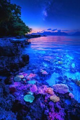 Naklejka premium A glowing blue sea, with moonlight reflecting on the water's surface and a starry sky above, creating an enchanting scene. The night is peaceful as waves gently lap against the rocks along the shore