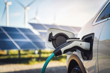 Impact of renewable energy sustainability jobs concepts. Electric vehicle charging near solar panels and wind turbines in a sustainable energy setting.