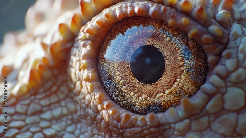Poster Close-up view of a reptilian eye displaying vivid colors and intricate textures in a natural setting during daylight
