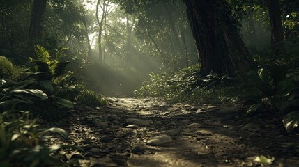 Obraz premium Sunlit Jungle Path: A Mystical Trek Through Lush Foliage