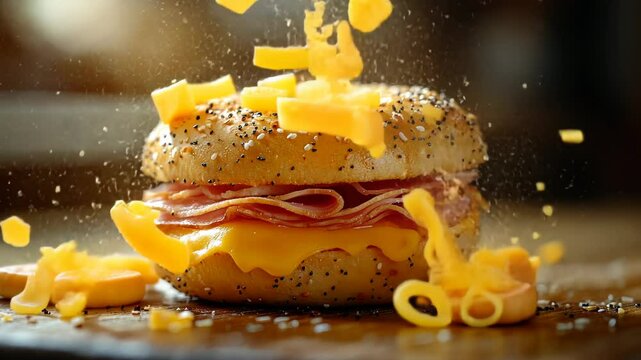 Delicious bagel sandwich with melted cheese and ham, sprinkled toppings