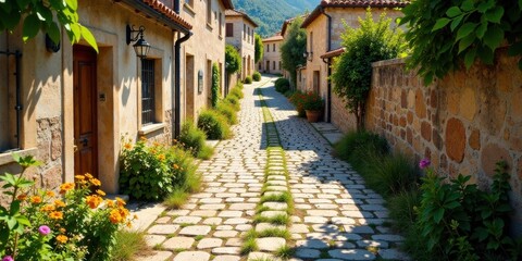 Fototapeta premium Sun-drenched cobblestone lane nestled between charming stone houses, adorned with vibrant flowering plants and lush greenery, casting gentle shadows on the idyllic pathway