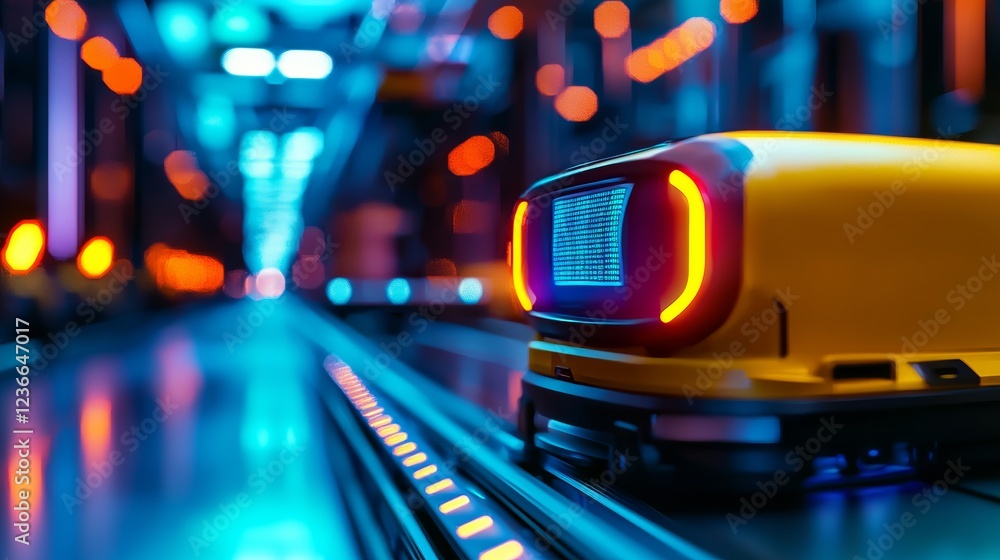 Poster a small, yellow automated vehicle moves along a track in a futuristic, brightly lit setting. blue an