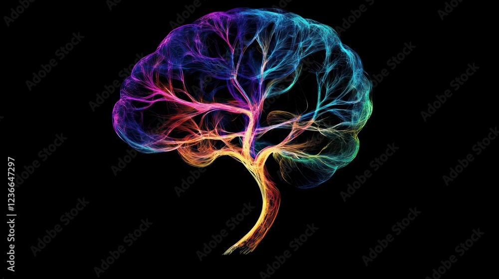 Poster abstract colorful brain illustration resembling a tree, symbolizing intelligence, mind, and neural p