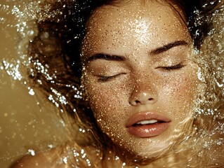 Glistening Beauty: Young Woman with Glitter in Water Portrait