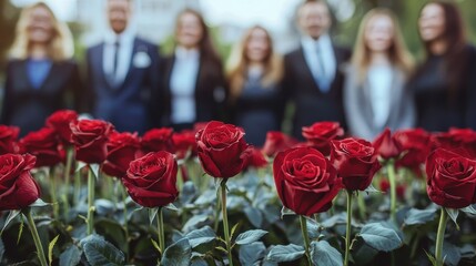 Diverse business teams celebrate a wedding anniversary amid red roses, symbolizing unity and elegant partnership.