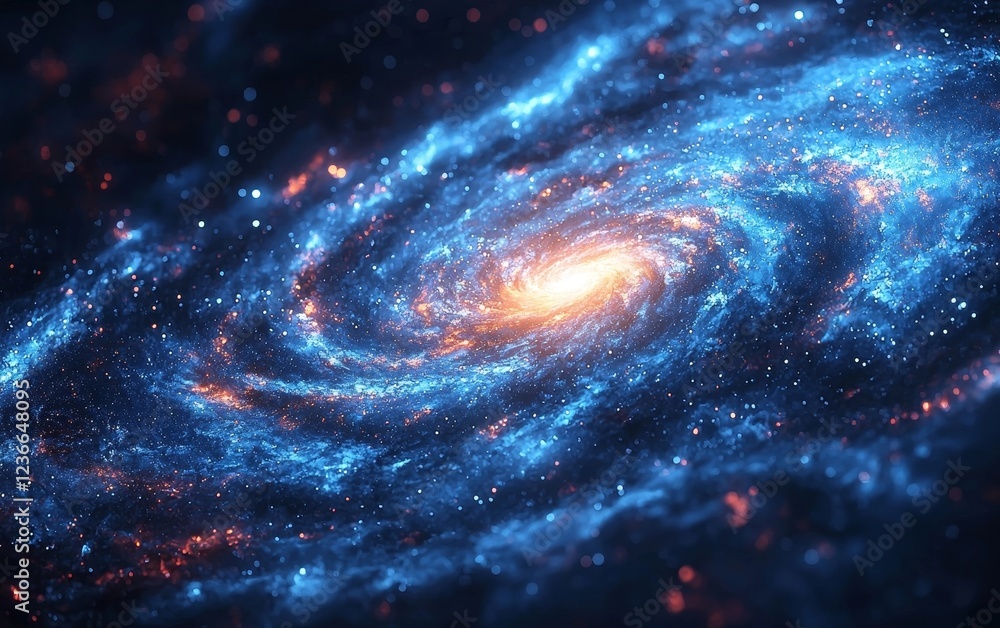 Poster futuristic galaxy with mechanical planets orbiting pulsating energy source and swirling cosmic patte
