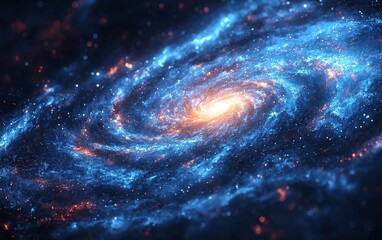 Futuristic Galaxy with Mechanical Planets Orbiting Pulsating Energy Source and Swirling Cosmic Patterns