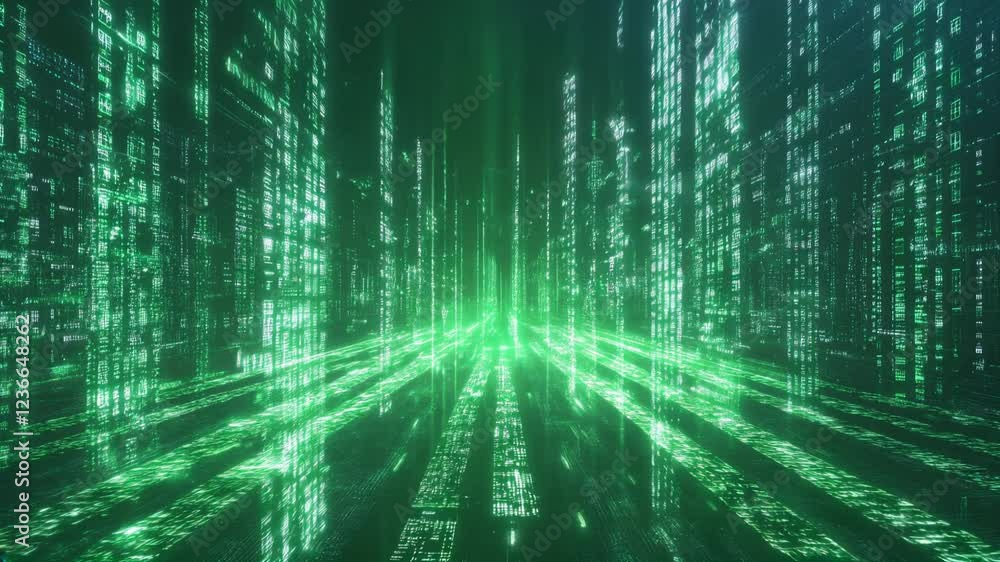 Poster a captivating green digital data stream that embodies advanced technology and visions of an exciting