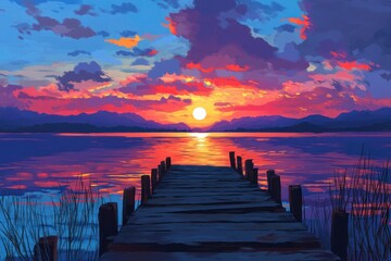 Fototapeta premium A picturesque sunset over the lake, with vibrant hues painting the sky and reflecting on the calm waters near an old wooden dock. 