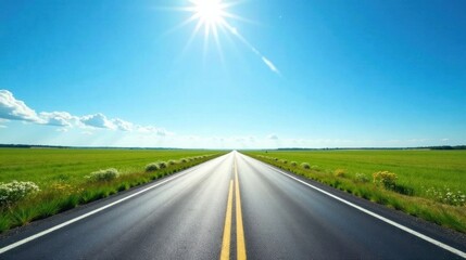 Fototapeta premium Asphalt Pathway Stretching Towards a Bright Sunny Day with Lush Green Fields on Either Side