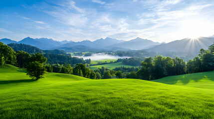 Obraz premium Sunlit Alpine valley sunrise, green fields, misty mountains