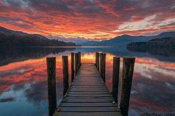 Fototapeta premium A picturesque sunset over the lake, with vibrant hues painting the sky and reflecting on the calm waters near an old wooden dock. 