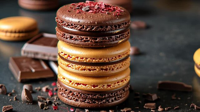 Delicious stacked macarons with chocolate and raspberry accents