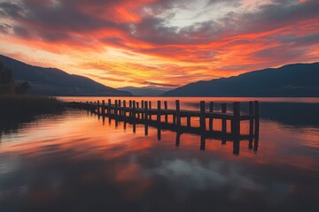 Fototapeta premium A picturesque sunset over the lake, with vibrant hues painting the sky and reflecting on the calm waters near an old wooden dock. 