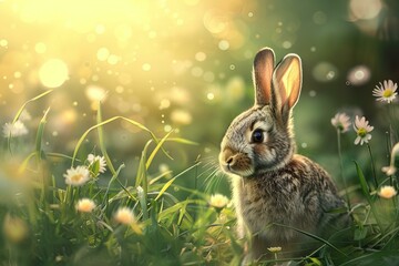 Adorable baby rabbit sitting in lush green grass surrounded by daisies, enjoying the warm glow of the setting sun
