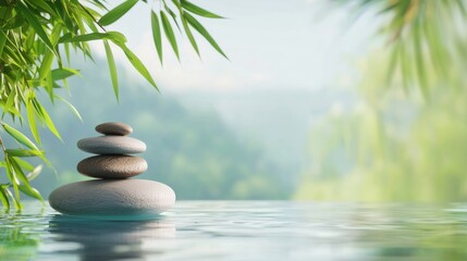 Obraz premium Serene landscape featuring a stack of gray stones floating on calm water, surrounded by lush green bamboo leaves and a misty mountain background. Peaceful and tranquil atmosphere.