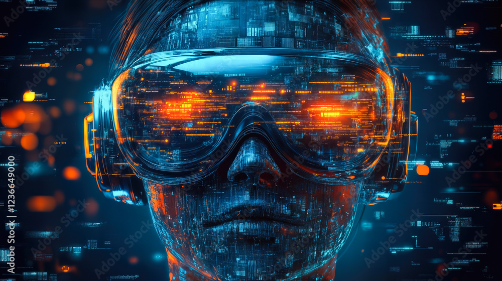Poster futuristic ai interface concept with digital data visuals on vr headset close-up