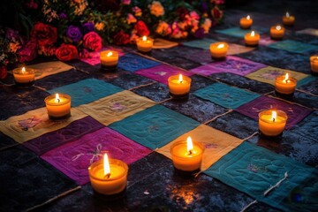 Candles on colorful fabric, memorial event, outdoors, nighttime.