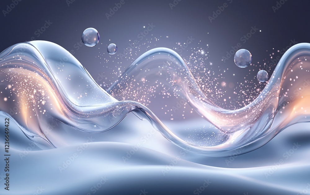 Poster abstract flowing liquid with glowing particles.