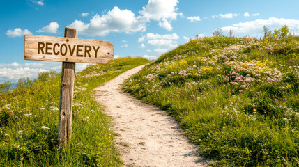 Trail in beautiful summer meadow, wooden sign reading Recovery