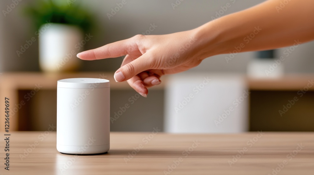 Poster interacting with smart home device modern home technology tutorial indoor setting close-up view user