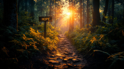 Fototapeta premium Pathway in summer forest, rustic wooden sign with the word Hope