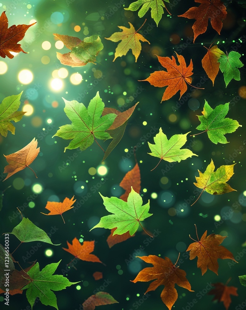 Poster green and rust colored leaves floating with light glows abstract nature concept background