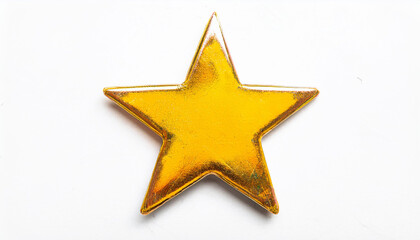 Obraz premium Bright yellow metal star shape with grunge texture on white backdrop.