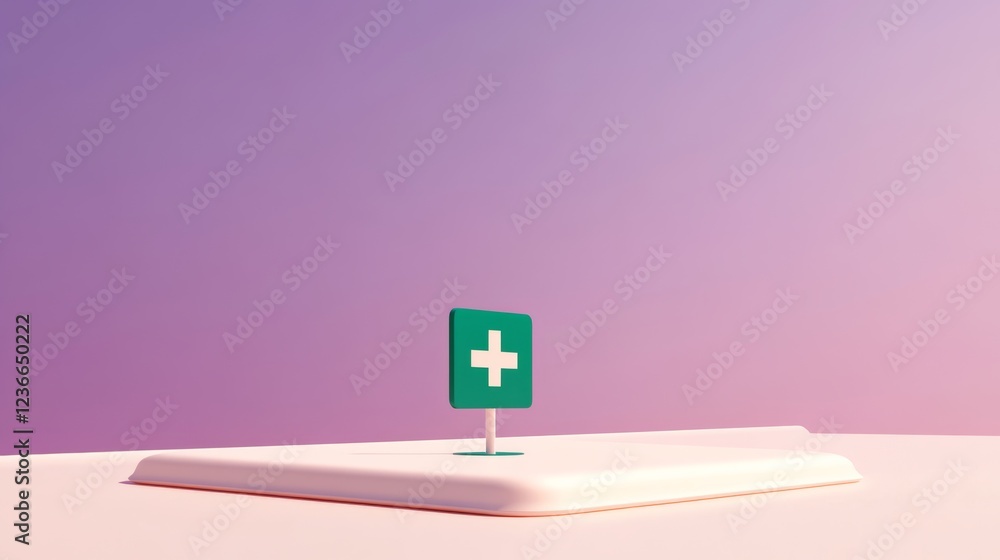 Poster low poly 3d rendering of a green plus sign on a small white platform against a purple gradient backg