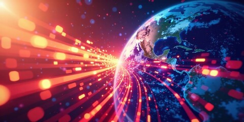 Obraz premium Global Network Data Stream A Futuristic Visualization of Interconnected Systems and Rapid Information Exchange