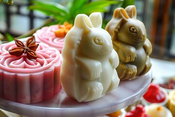 Delicious snow skin mooncakes and adorable rabbit shaped rice cakes sit on a marble tray, ready for the mid autumn festival celebration