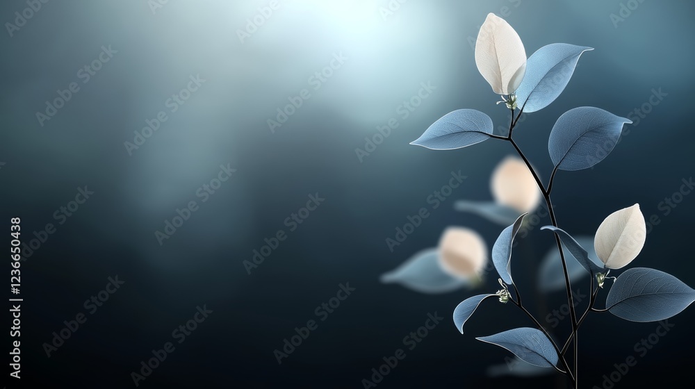 Poster intricate display of soft blue leaves illuminated in a dark, serene background perfect for design in
