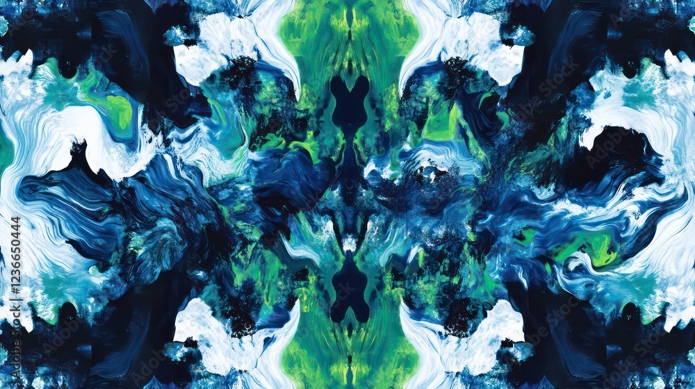 Poster abstract blue, green, and white paint swirls creating a symmetrical pattern.