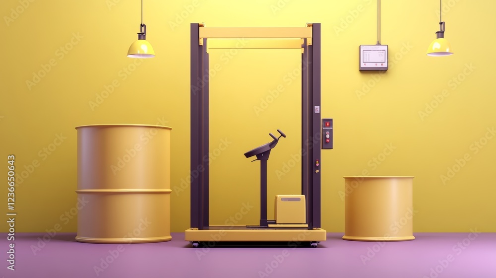Poster low poly 3d rendering of an industrial packaging machine in a minimalist setting with yellow barrels