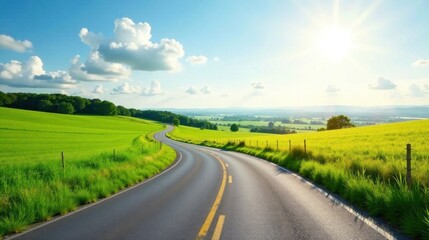 Fototapeta premium Asphalt ribbon winding through vibrant green fields under a bright summer sun, a picturesque journey ahead