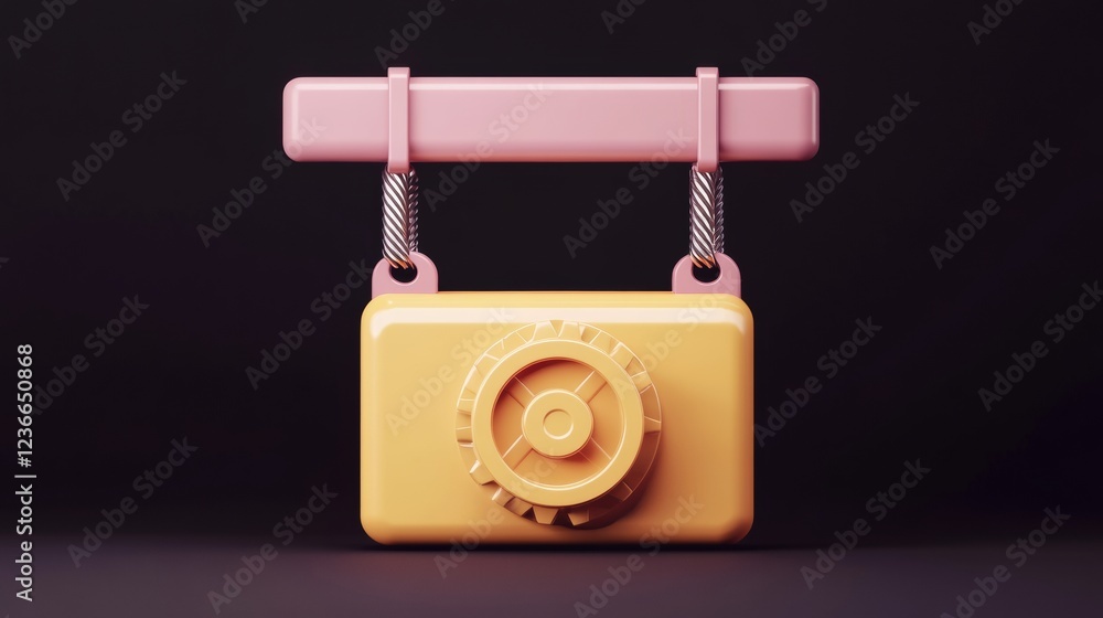 Poster abstract 3d rendering of a yellow box with a dial, hanging from a pink bar against a black backgroun
