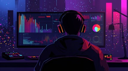 Young male analyst immersed in data analytics with vibrant visuals and headphones.