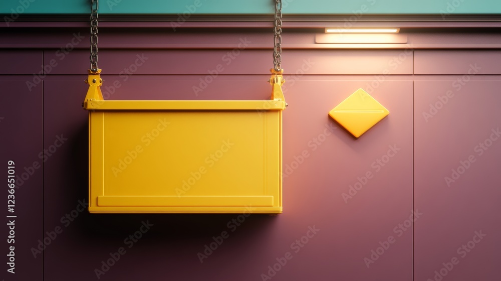 Poster a yellow rectangular container hangs from chains on a mauve wall, featuring a diamond shaped element
