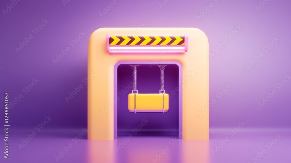 Poster abstract 3d render of a minimalist swing set with a yellow seat and pastel orange frame against a pu