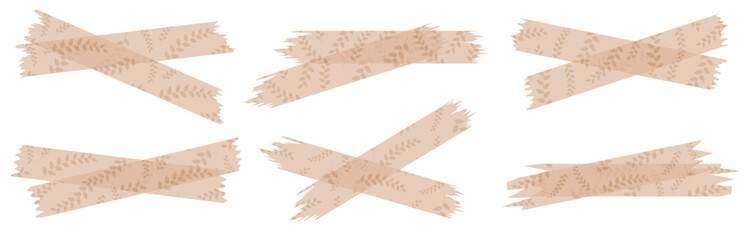 Set of beige semi-transparent washi tapes with pattern isolated on white. Tapes collection in vector. Pieces of decorative tape for scrapbooks. Torn paper. Spring, summer