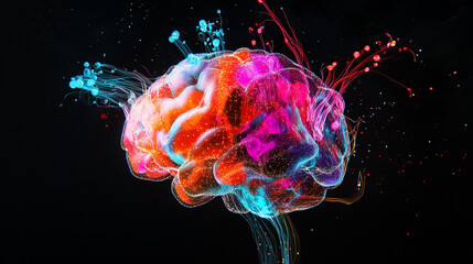 A colorful brain made of glowing data points and neural connections on a black background (1)