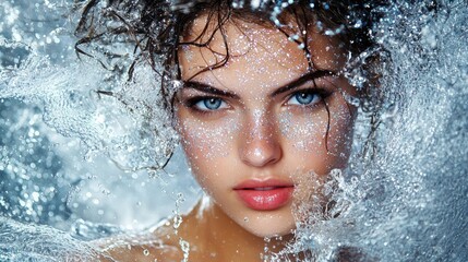 Stunning Portrait of Young Woman with Water Splash, Blue Eyes, Glamour
