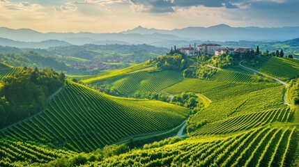 Fototapeta premium Rolling Hills of Verdant Vineyards and Hilltop Village
