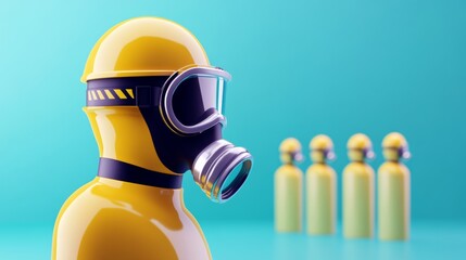 Naklejka premium Yellow hazmat suit figure wearing a gas mask and safety helmet, standing before several gas cylinders against a teal background. 3D render, safety concept.