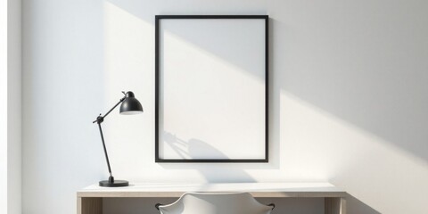 Minimalist workspace with blank frame and desk lamp on a light wood desk