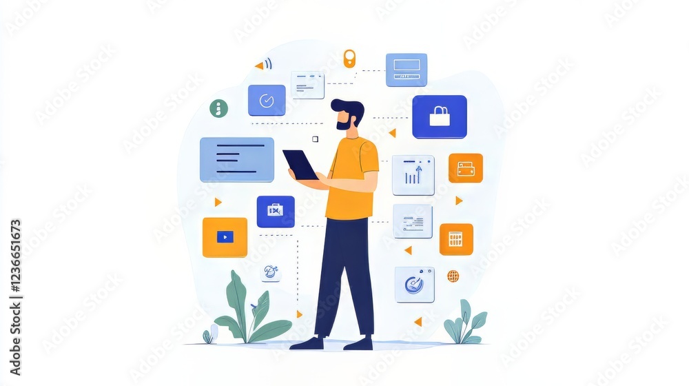 Wall mural man engaging with digital tools and analytics in a modern workspace.