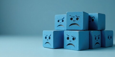 A Pile of Blue Cubes Displaying Unhappy Facial Expressions Symbolizing Collective Discontent and Negative Emotions