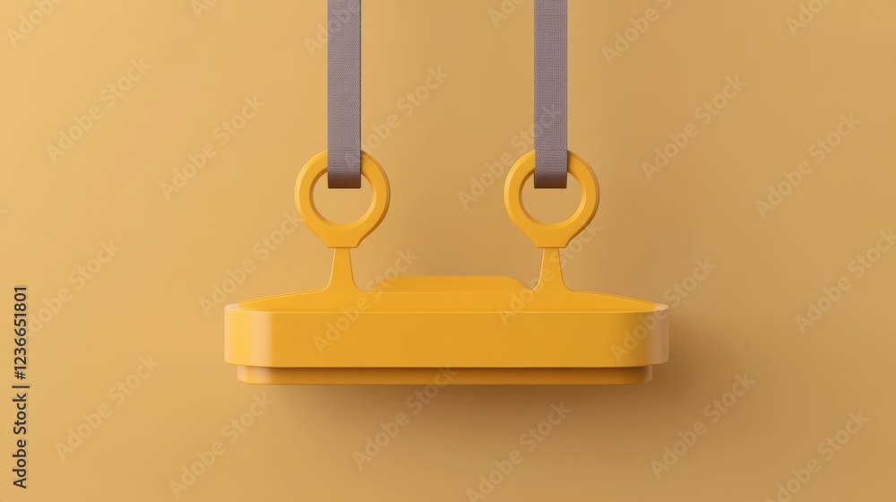 Poster abstract 3d rendering of a yellow geometric object suspended by gray straps against a muted yellow b