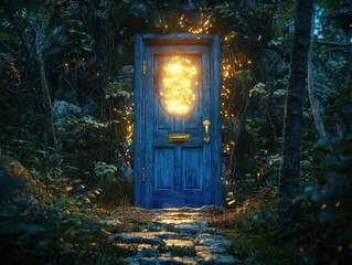 Mystical Blue Door with Glowing Light in Enchanted Forest